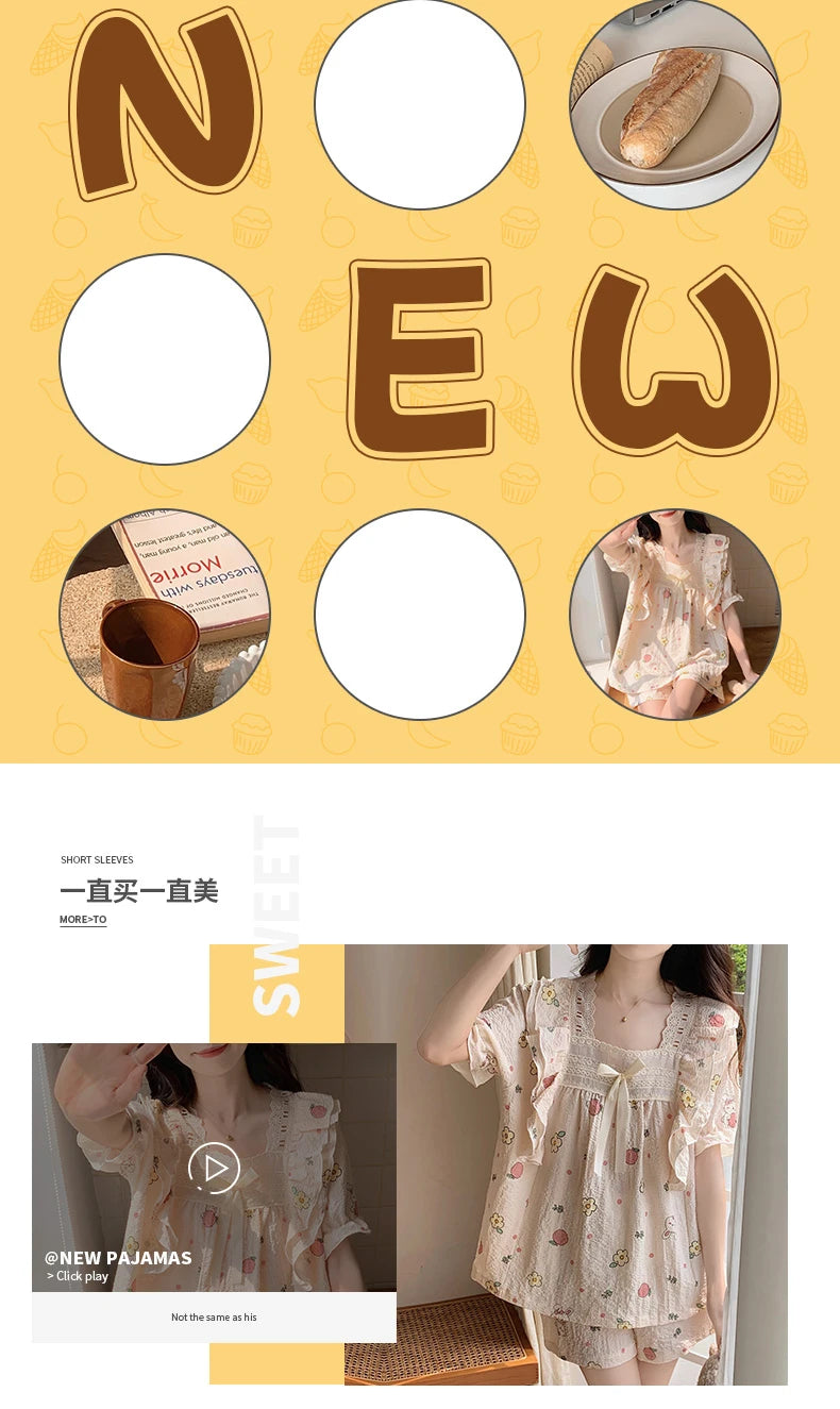 Women's Summer Floral Animal Print Short Sleeve Pajama Set  Cute Cartoon 2-Piece Pajamas Square Collar Kawaii Nightwear