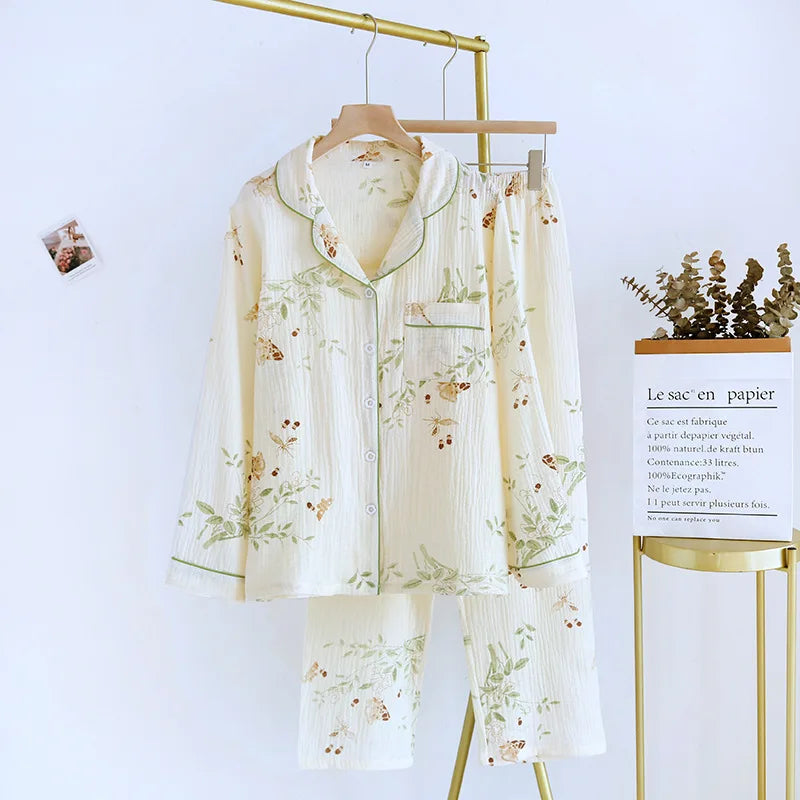 New large size pajamas women cotton crepe home service cotton long sleeve trousers suit simple and comfortable summer and autumn
