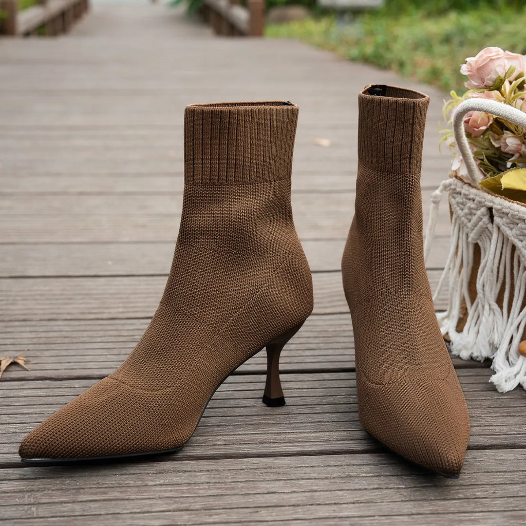 Spring Autumn Women Ankle Boots Slip-On Green Chelsea Boots Women Luxury Stretch Fabric Women Socks Shoes Pointed Toe High Heels