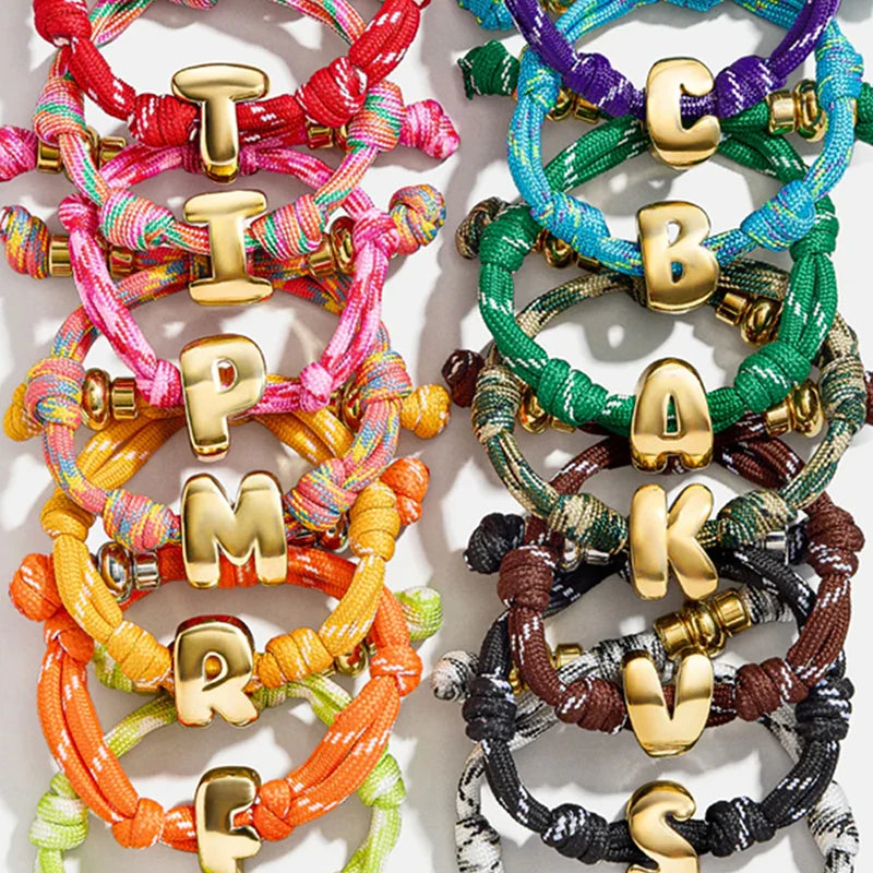 ZHUKOU Large/Small Size,Glossy/Zircon,Custom Letters A-Z Colorful Braided Bracelet with Drawstring Adjustment Unisex Style 1 Pc