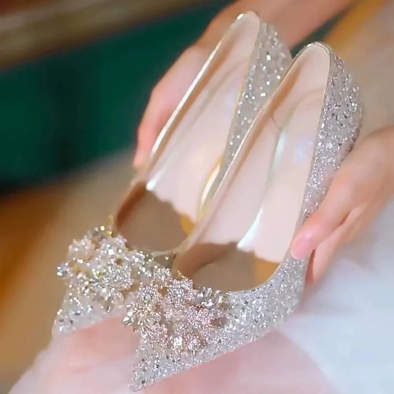 Womens High Heel Shoes Fad Elegant Crystal Pointed Toe Pumps Retro Shallow Mouth Banquet Party Wedding Women Shoes Zapatos Mujer