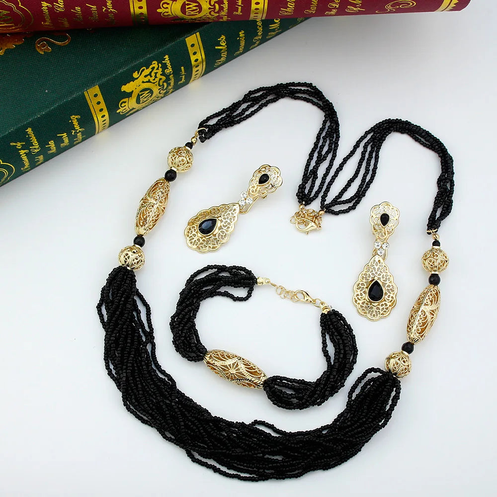 Sunspicems Chic Morocco Hand Bead Necklace Sets Crystal Earrings Rope Bracelet Arabic Women Bride Bead Wedding Jewelry Sets
