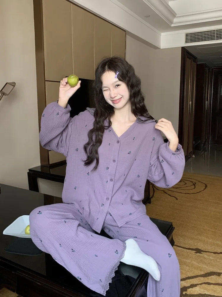 Cute Lapel Sweet Girl's Small Floral Pajama Spring New Elegant Women's Long Sleeved Pant Home Suit Set Comfortable Skin Friendly