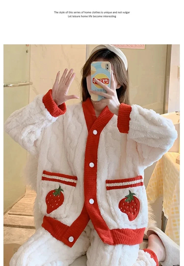 Pyjama épais en flanelle et velours corail fraise, vêtements de maison pour femmes, ensemble de vêtements de nuit à col en v, sa