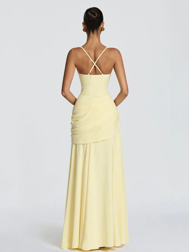 Women Yellow Low Cut Backless High Waisted Dress Cincher Spaghetti Strap Vestidos Party Club Women Robe Elegant Evening Dress