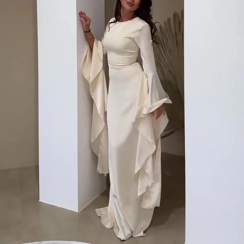 Women Cocktail Party Dress Big Swing Middle Eastern Long Floating Sleeves Slim Empire Lady Banquet Solid Maxi Clothing