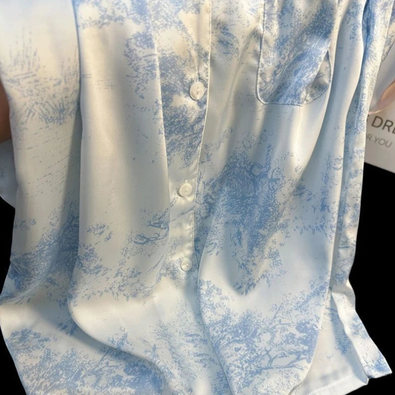 New Ice Silk Women Pajama Lapel Button Cardigan Outfits for Women 2 Piece Set Fashion Printing Set Clothes for Women