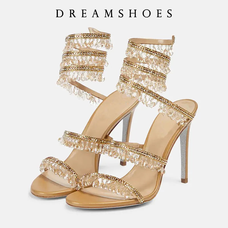 Spring/Summer New Water Diamond Jewel Wrist Wrapped Snake-shaped High Heel Sandals Sexy Large Size Shoe Girl Women Sandals