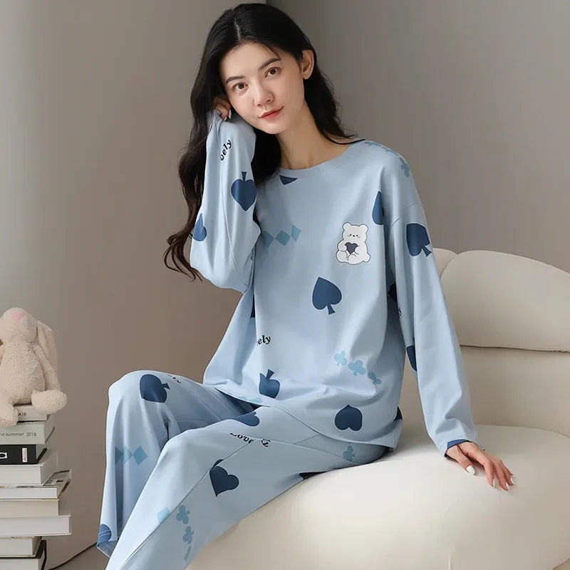 2PCS/Set Ladies Four Seasons Pajamas Long Sleeves Cartoon Casual Student Homewear Girl Giraffe Cute Print Women Sleepwear