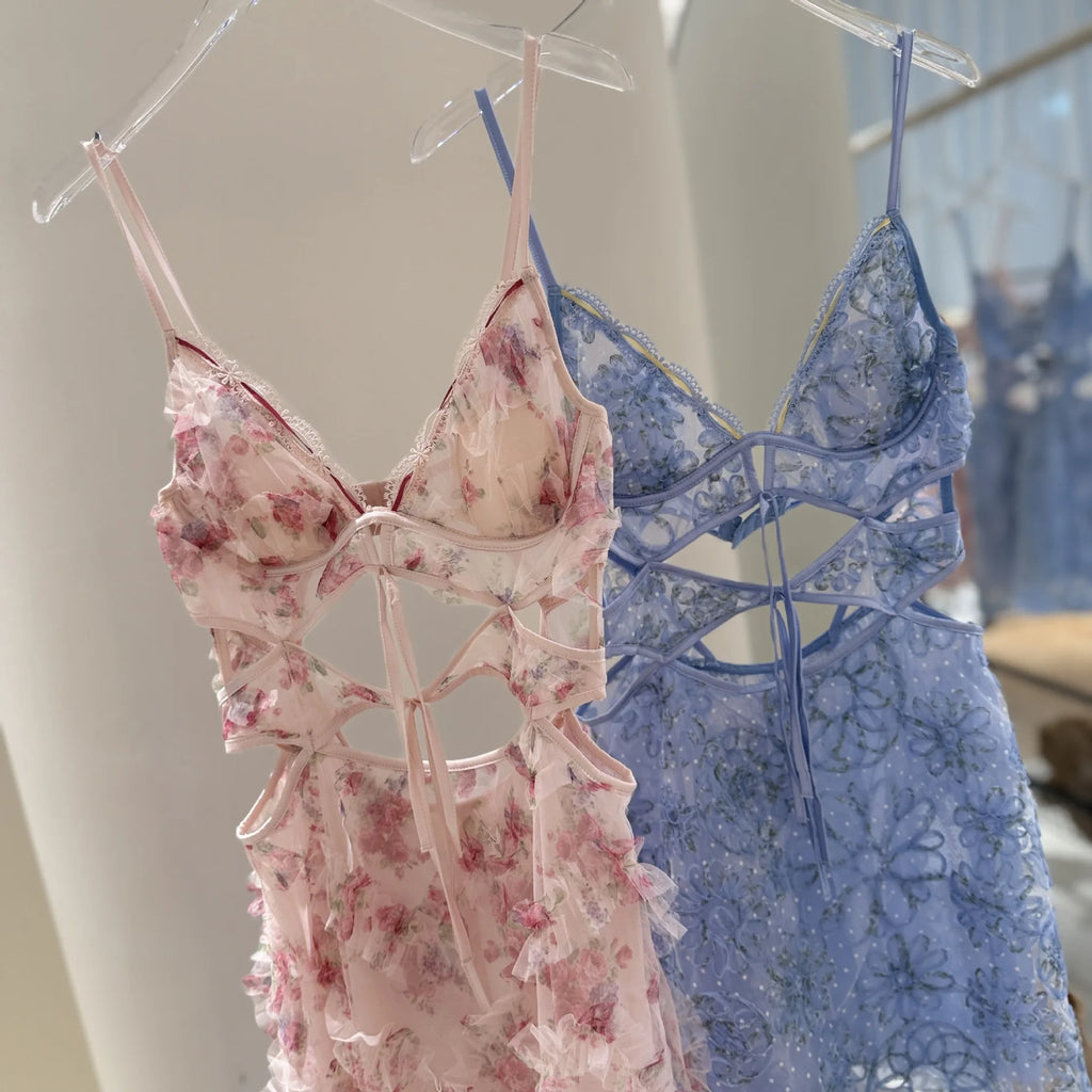 Sexy Spaghetti Strap Mini Homewear Women Sweet Floral Lingerie Hollow Out Lace Bandage Nightgown Sleepweawr Nightwear