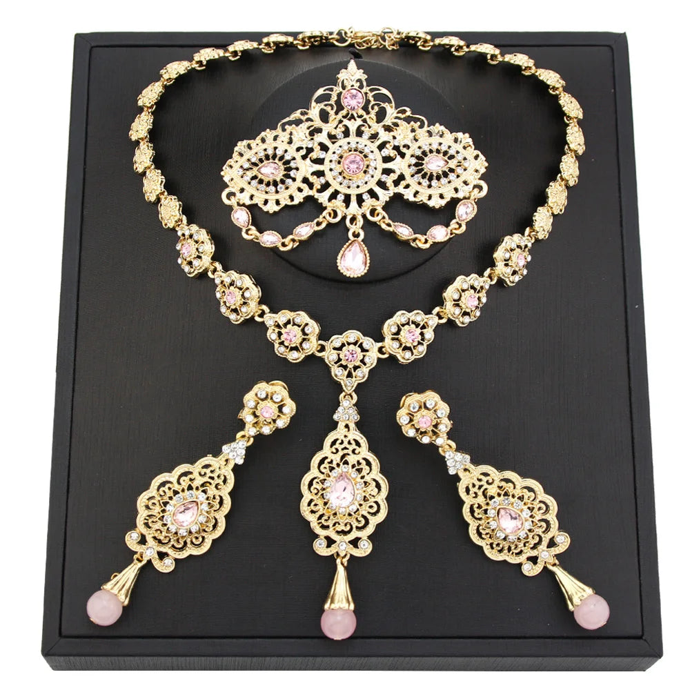 New Gold Color Algeria Bride Wedding Jewelry Set For Women Morocco Earring Necklace Brooch Arabic Traditional Jewelry