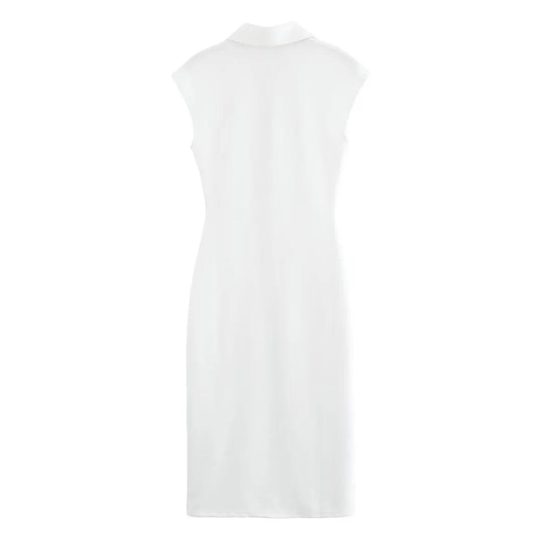 BSAY Dress for Women Fashion Summer New Fold Sleeveless V-neck Single Breasted Midi Dresses French Chic Female Evening Clothing