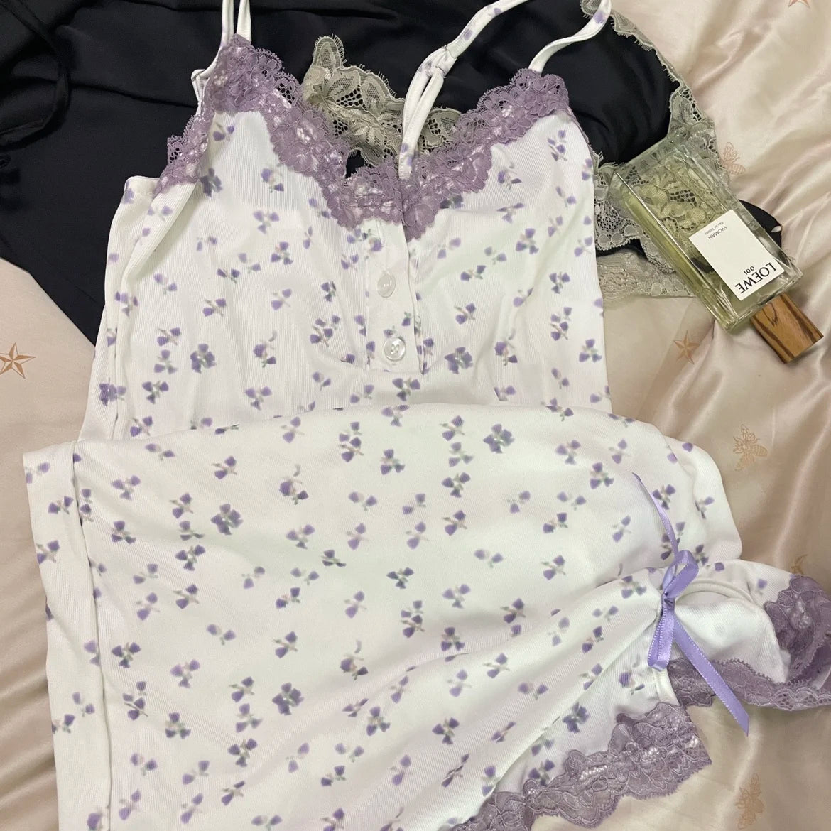Sexy Floral Nightgowns Women Lace Patchwork Korean Romantic Sleepwear Spaghetti Strap Y2k Bodycon Comfortable Trendy Daily Ins