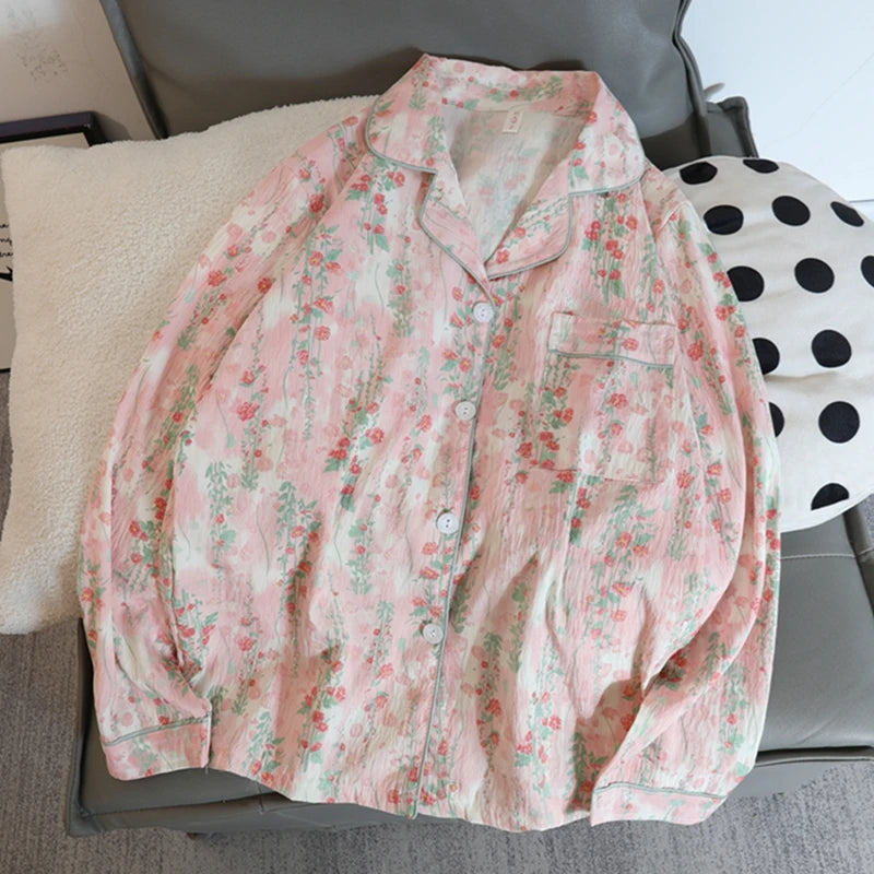 Flower Print Women Autumn Two Piece Pajama Set Long Sleeve V Neck Top & Elastic Waist Pants 2 Pieces Female Sleepwear Nightwear