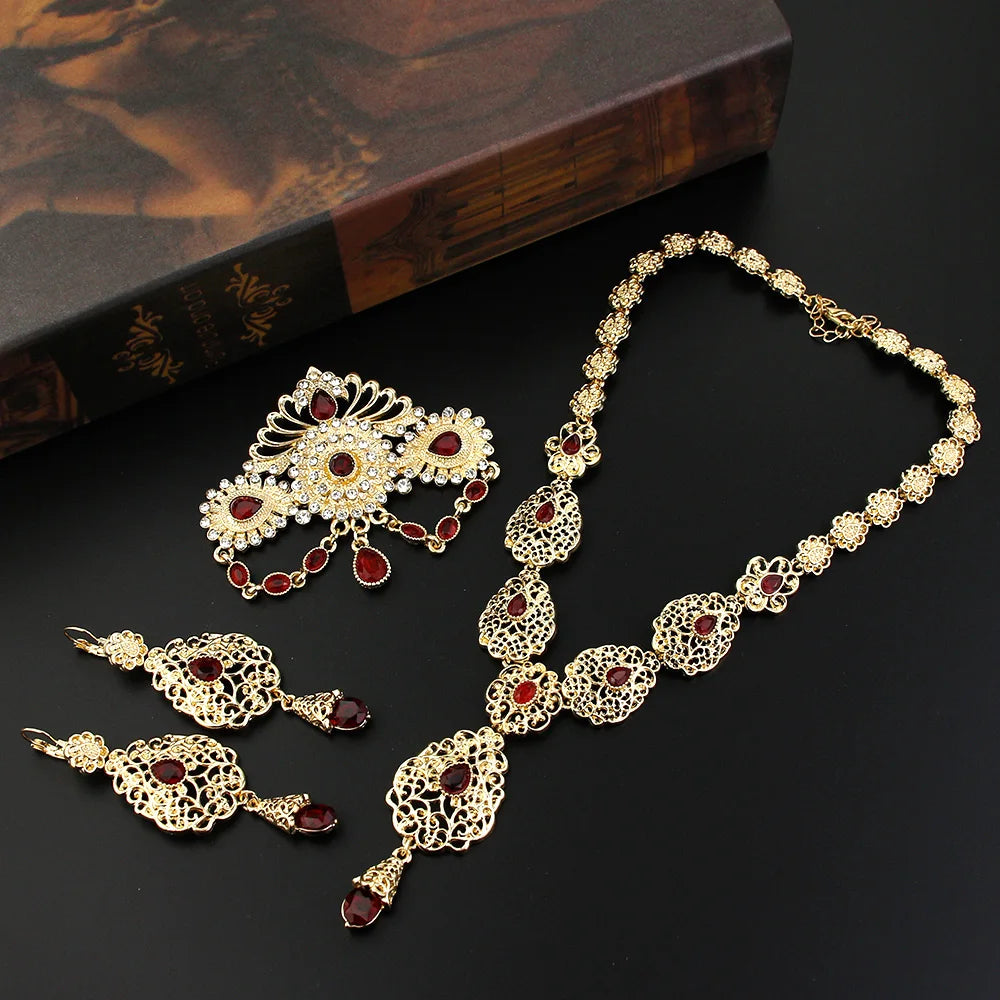 Sunspicems Chic Morocco Bride Jewelry Sets Gold Color Arabia Drop Earring Choker Necklace Caftan Brooch Sets 3Pcs Hollow Flower