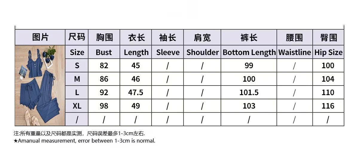 New 2025 Women's Summer 3PCS Pajama Sets Solid Vest Shorts and Pants Paired with Lace Splicing for Homewear Sexy Sleepwear Sets