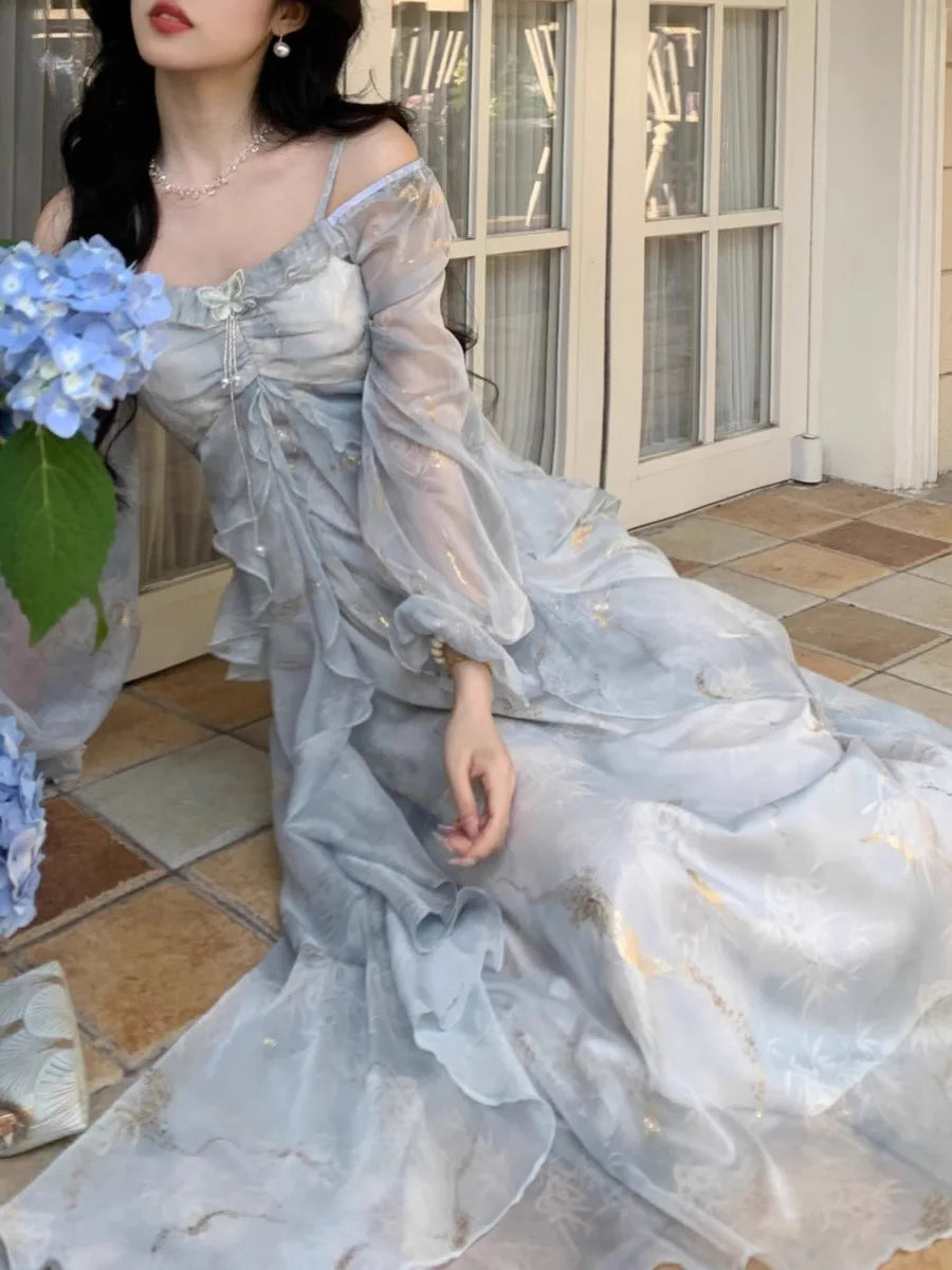 Summer Elegant Print Fairy Long Chiffon Dresses Women Off Shoulder Ruffles A-Line Birthday Party Dress One Piece Vestidos New