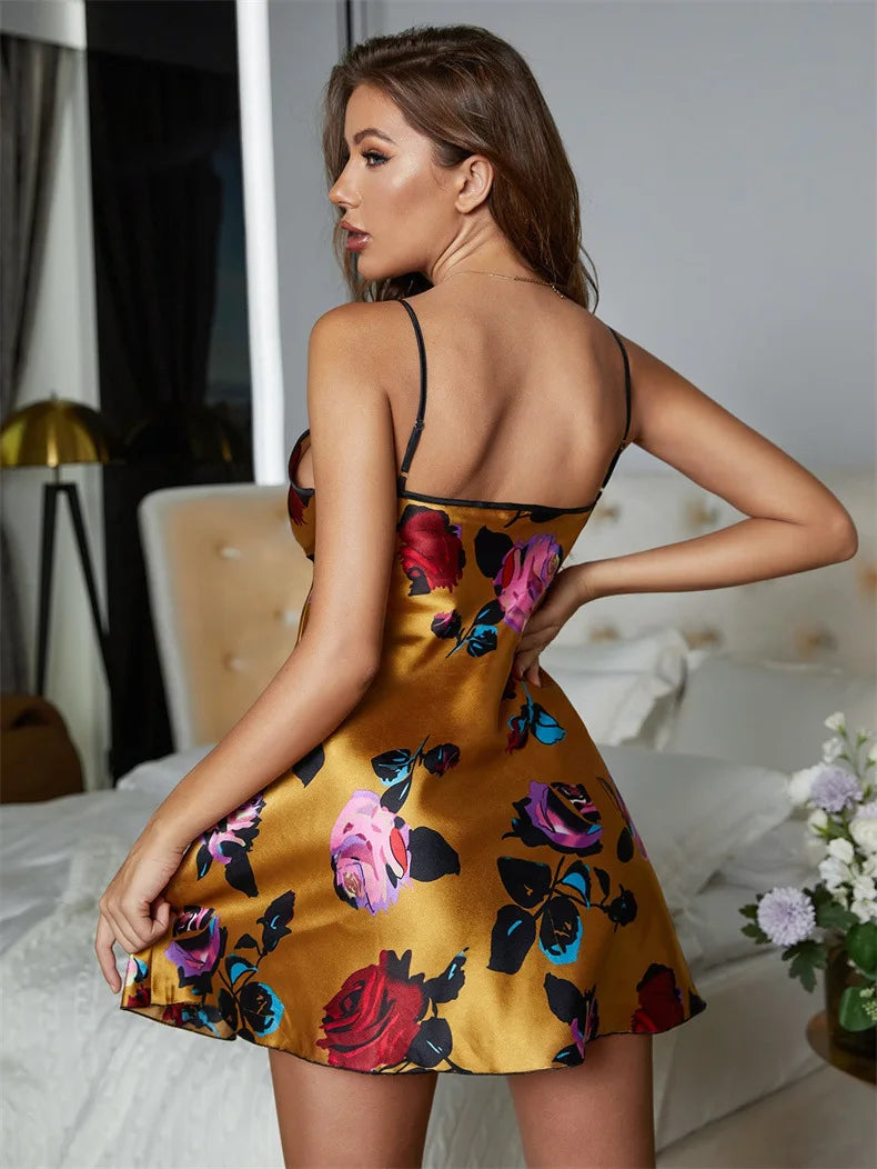 Sexy V-Neck Nightdress Print Flower Suspender Nightgown Summer New Female Sleepwear Bathrobe Gown Silk Satin Home Dressing Gown