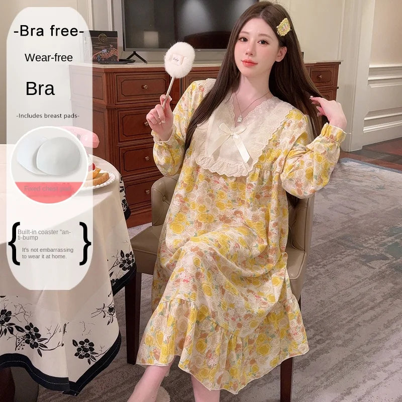 2026 Comfy Long Sleeve Home Dress, Women's Floral Print Loungewear for Spring Autumn, Oversize Sweet Korean Style