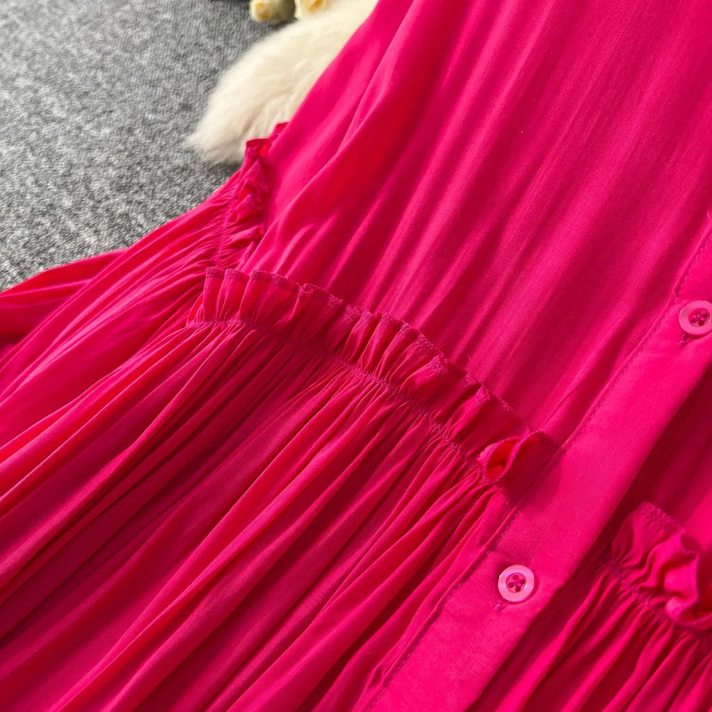 Pleated Dress Women Long Dresses A Line Vestidos Streetwear Lantern Sleeve Elegant Splice Y2k Single Breasted Loose Summer 2025