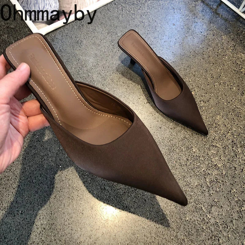 Spring Summer Women Pointed Toe High Heel Slippers Fashion Leopard Print Mules Slide Ladies Evening Party Dress Sandalias