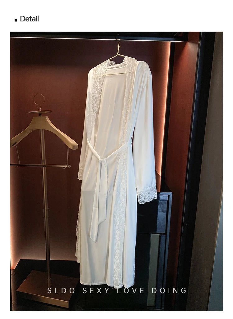 Wedding Bridal Bathrobe Big Lace Flower Nightie Wear Women Satin Kimono Long Loose Peignior Spring Autumn New Intimate Lingerie