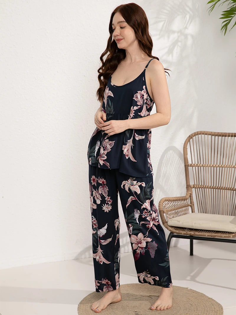 Plus Size S-XXXL  Floral Printed Women Sleepwear Ladies Loose Thin Homewear 2pcs Cami Pants Pajamas Set  Nightwear