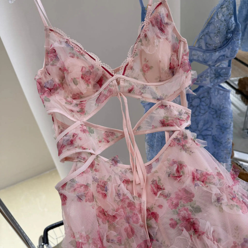 Sexy Spaghetti Strap Mini Homewear Women Sweet Floral Lingerie Hollow Out Lace Bandage Nightgown Sleepweawr Nightwear