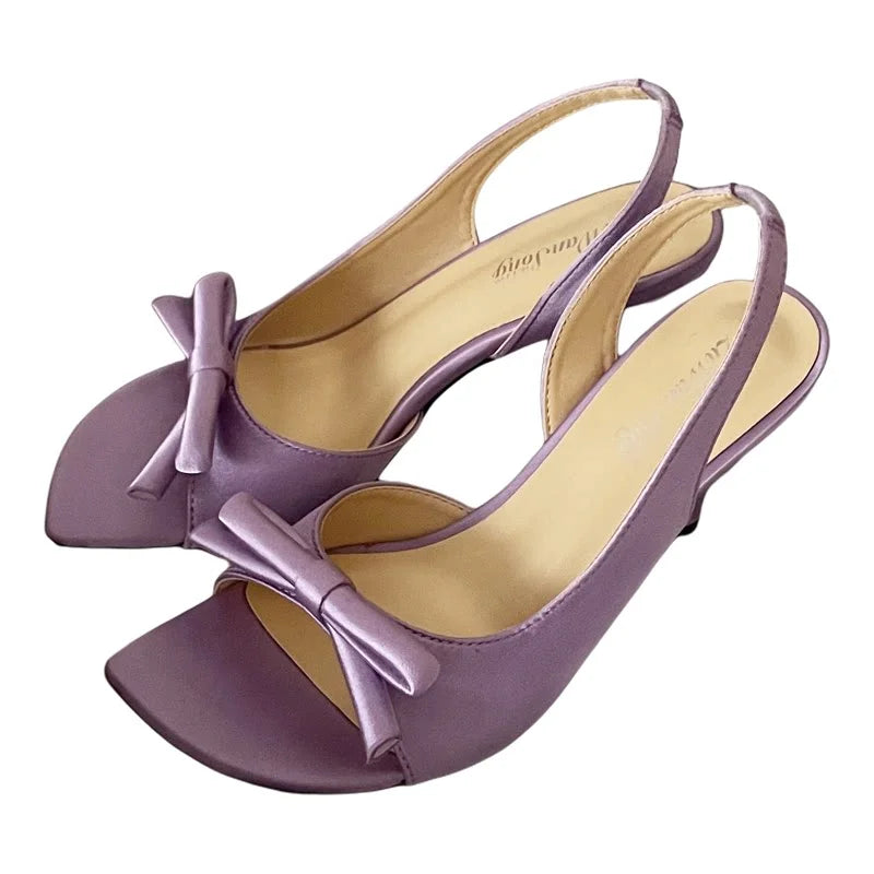 Lilac Purple Women's Fashion Sandals Backless Knot Toe Exposure Silk Satin High Heels Elegant Lady Style Shoes Increased Height