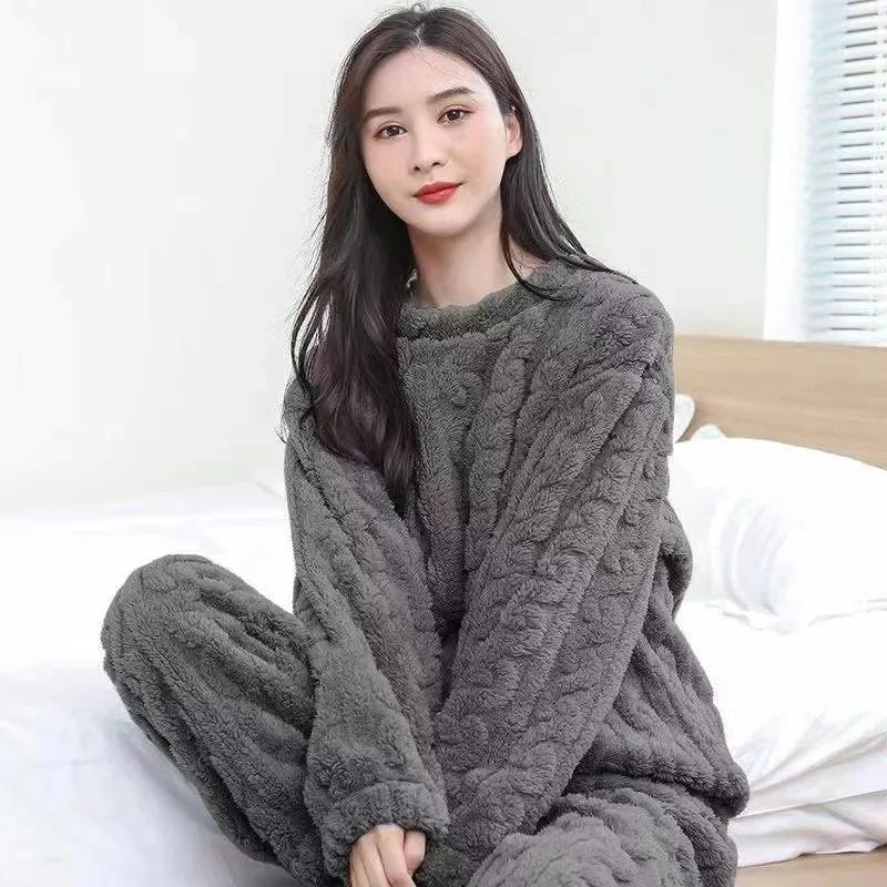 Ensemble pyjama épais et chaud en molleton de corail pour femme, vêtements de maison imprimés de dessins animés, vêtements de nu