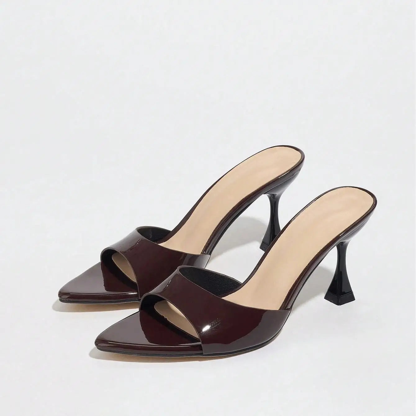 New Ladies Pointed Toe Mirror Surface Sandals High Heels Coffee Brown Strap Thin High Heel slippers Women 2026