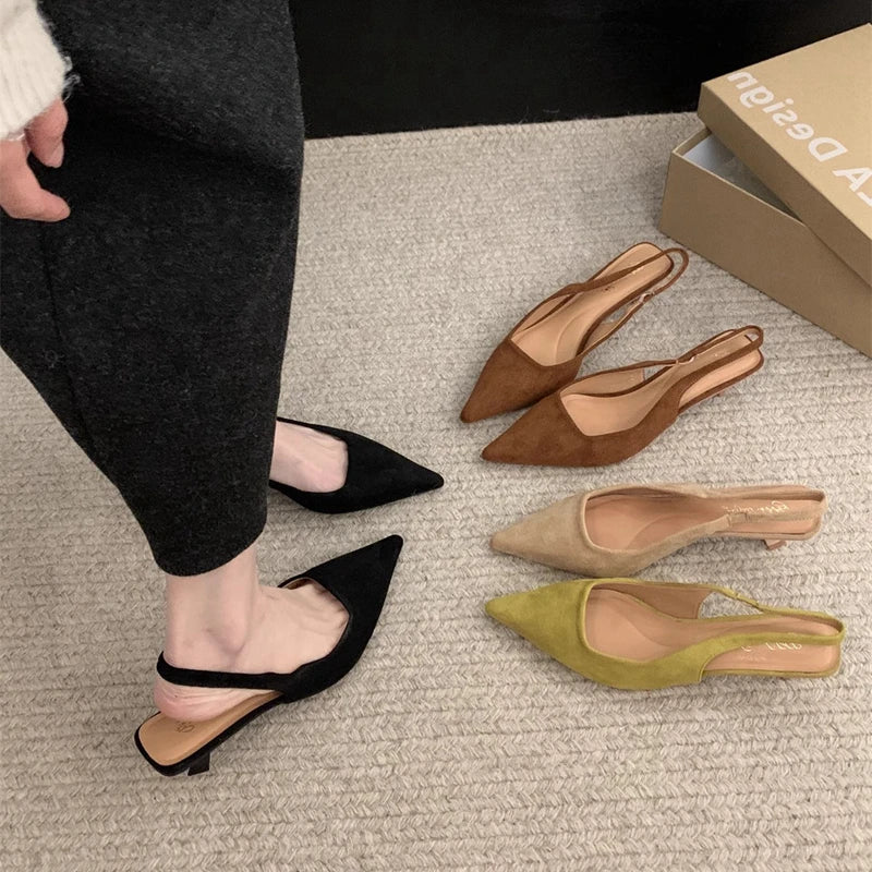 SUOJIALUN 2024 Spring New Women Sandal Fashion Pointed Toe Shallow Slip On Dress Mules Shoes Thin Low Heel Slingback Sandal
