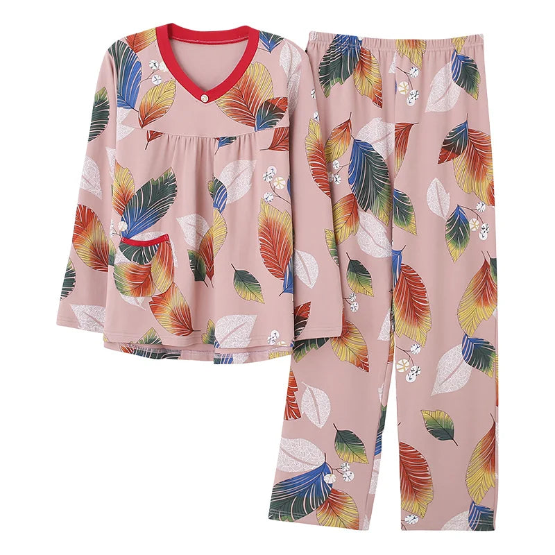 Pajamas Sets Women Floral Cotton Fashion Lace Women Long Sleeve Sleepwear Suit 2 piece Sexy Autumn Home Lounge Gift XXXXL