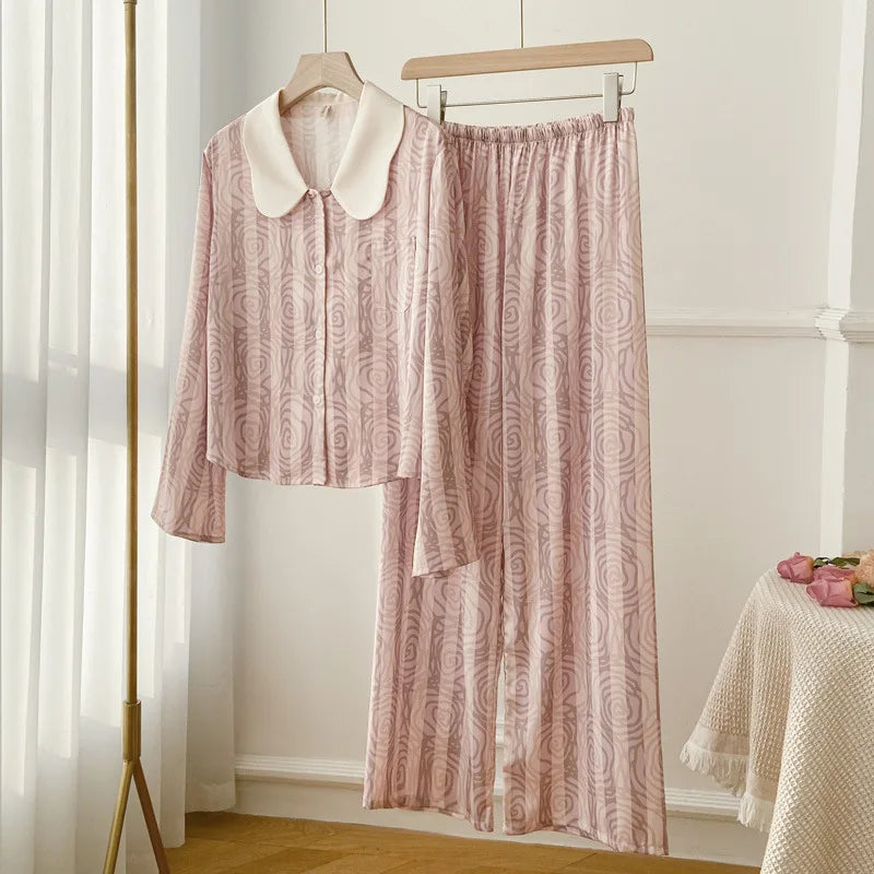 Female 2PCS Pajamas Set Spring Summer Print Flower Sleepwear Long Sleeve Trouser Suits Sweet Loose Satin Home Clothes Loungewear