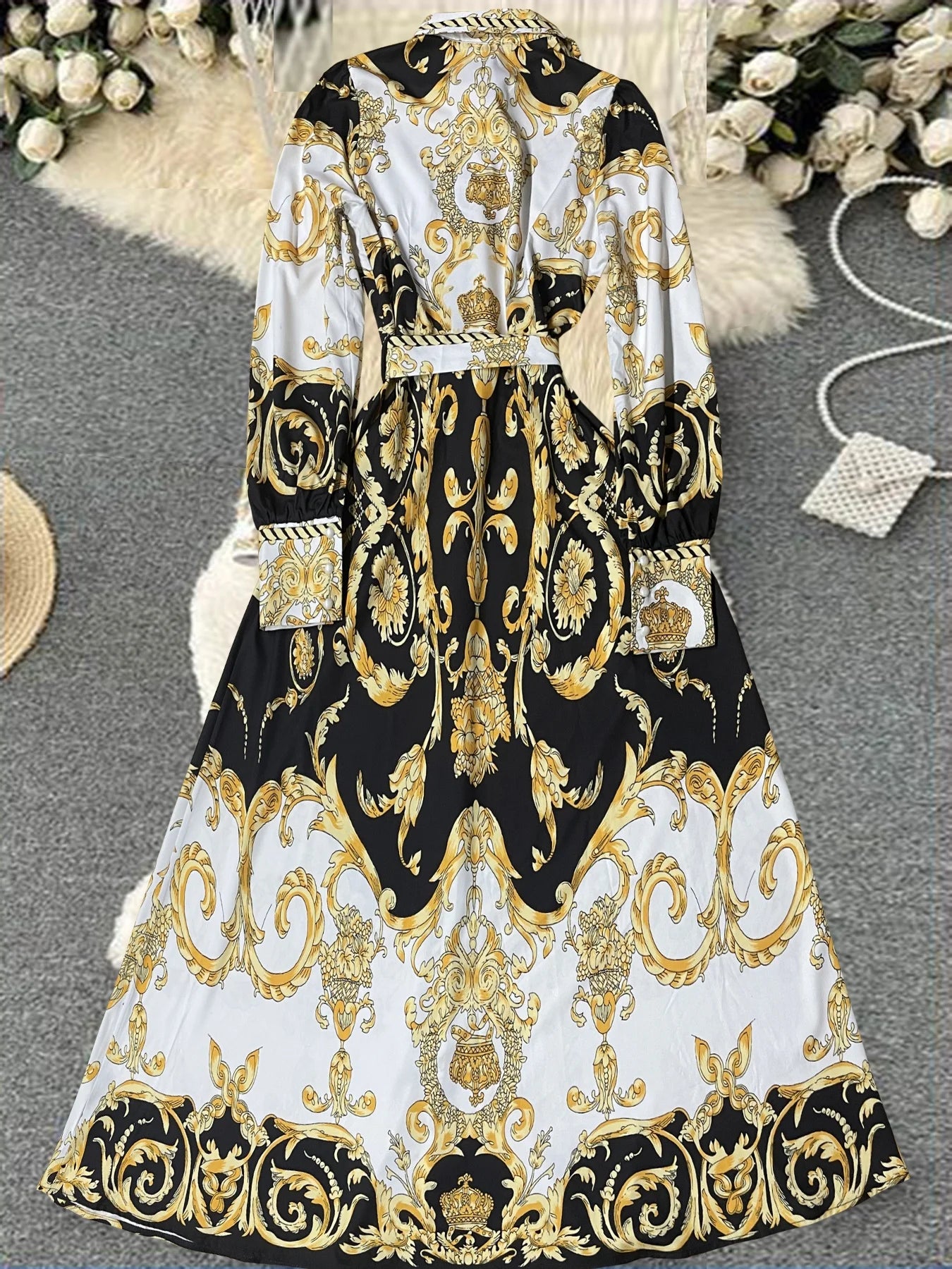 Elegant French Style Spring Summer New Long Sleeve Printed Dress with Belt Middle East Robe Ethnic Fashion for Commute Slim Fit