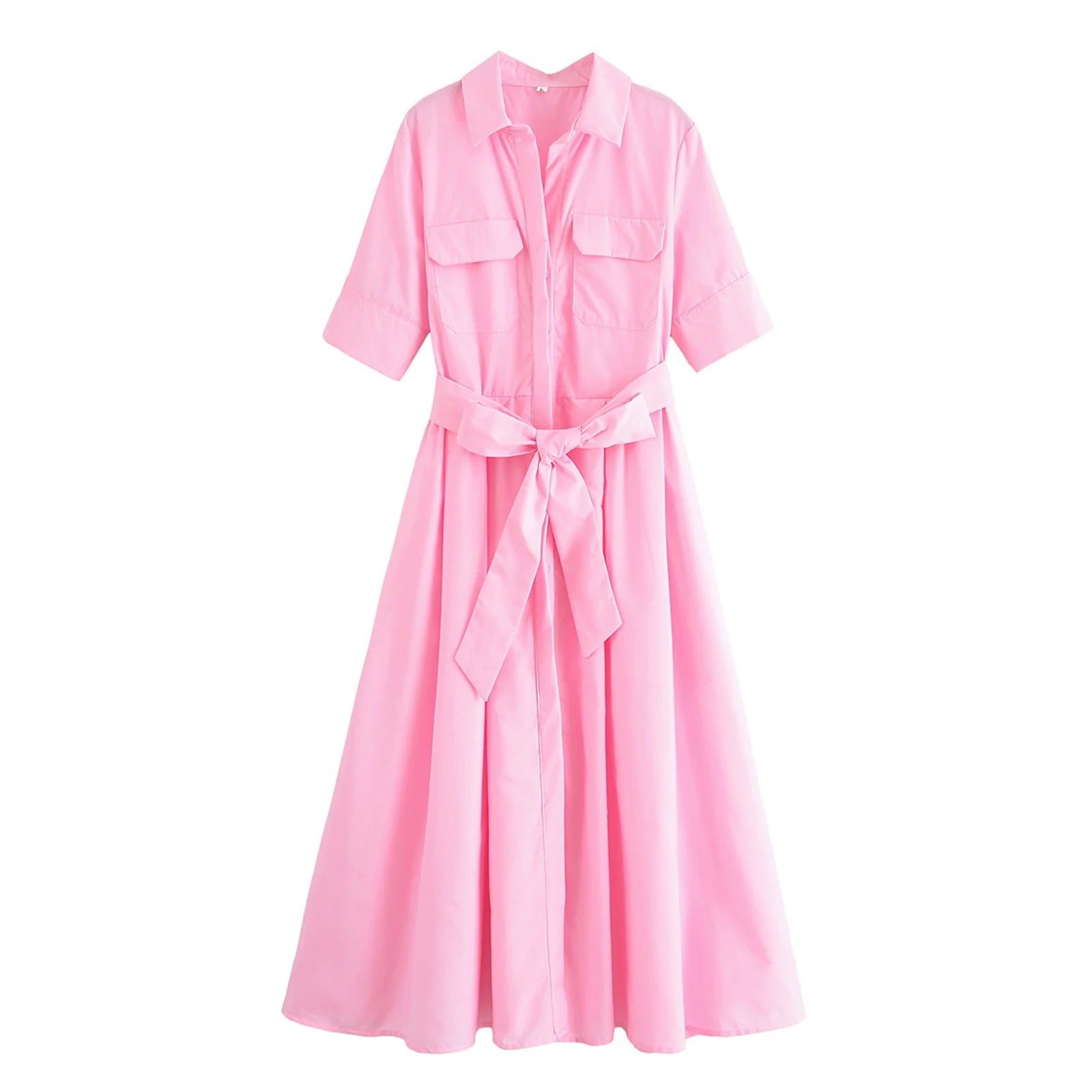HH Women Summer Lapel Short Sleeve Pocket Single-Breasted Belt Decorate Midi Dress Female Fashion Shirt Style Pleated Dress