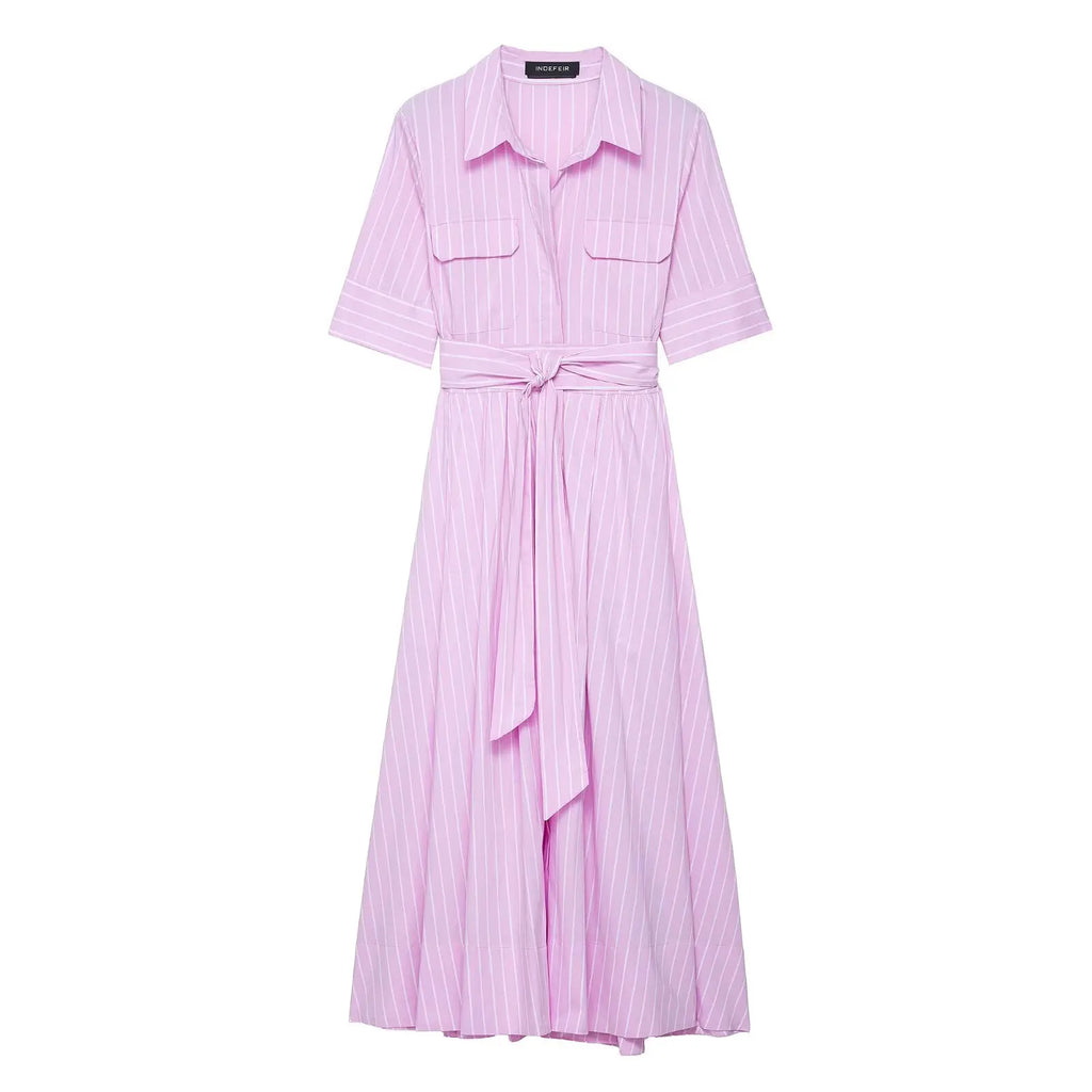 HH Women Summer Lapel Short Sleeve Pocket Single-Breasted Belt Decorate Midi Dress Female Fashion Shirt Style Pleated Dress