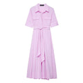 HH Women Summer Lapel Short Sleeve Pocket Single-Breasted Belt Decorate Midi Dress Female Fashion Shirt Style Pleated Dress