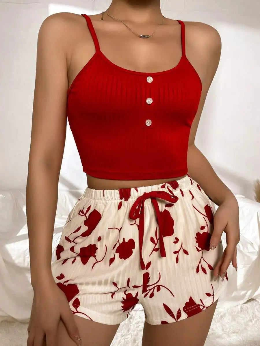 New Women Cami Pajama Set Y2K Vacation Sleepwear 2 Piece Outfit Crop Tops and Floral Print Shorts Fashion Loungewear Set