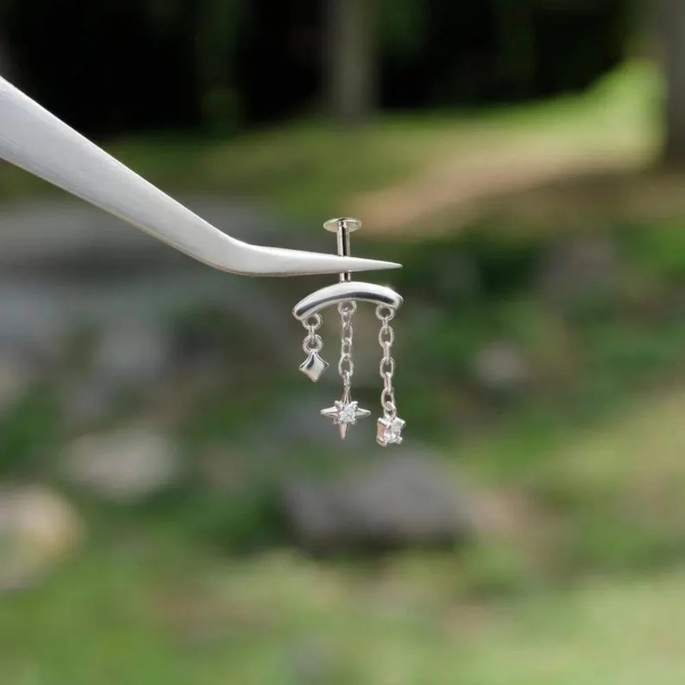CANNER 1PC 925 Sterling Silver Eight-pointed Star CZ Piercing Earring For Women Ins Tassel Chain Stud Earring Party Fine Jewelry