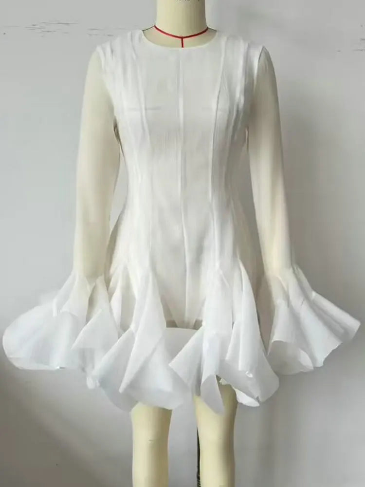 2026 Summer Women's Elegant Multi-Layered Ruffled Hem Mini Dresses Lady Sweet French Style Long Flare Sleeve Slim Fit Puffy Robe