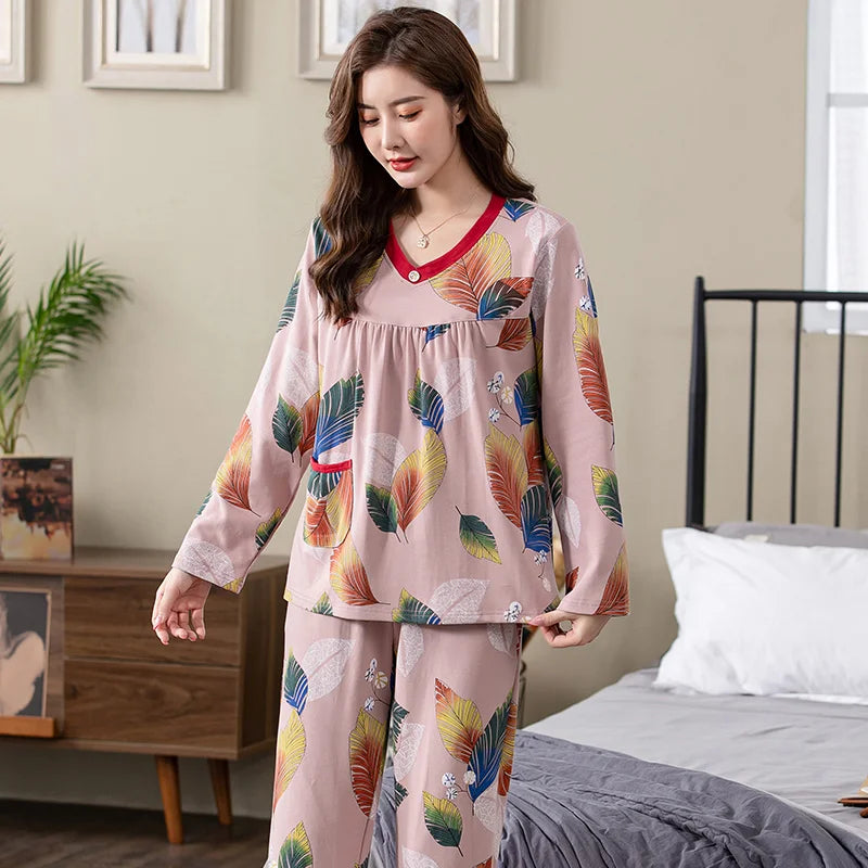 Pajamas Sets Women Floral Cotton Fashion Lace Women Long Sleeve Sleepwear Suit 2 piece Sexy Autumn Home Lounge Gift XXXXL