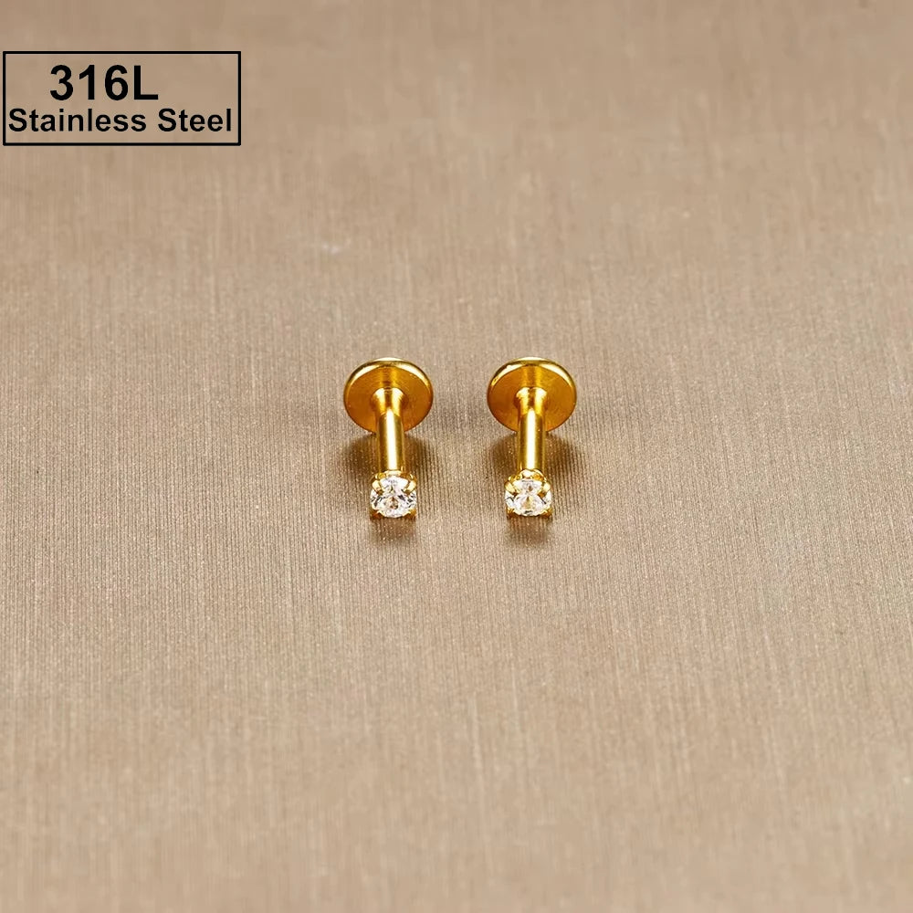 2PC Labret Tragus Stud Earrings 16G Surgical Stainless Steel CZ Crystal Monroe Helix Cartialge Conch Medusa Lip Body Piercing