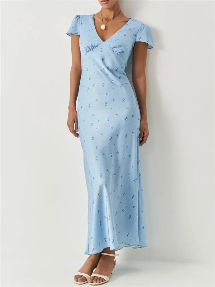 Tossy V-Neck Printed Fashion Long Dress Women's Elegant High Waist Slim Commute Contrast Party Dress Female Summer Maxi Dress
