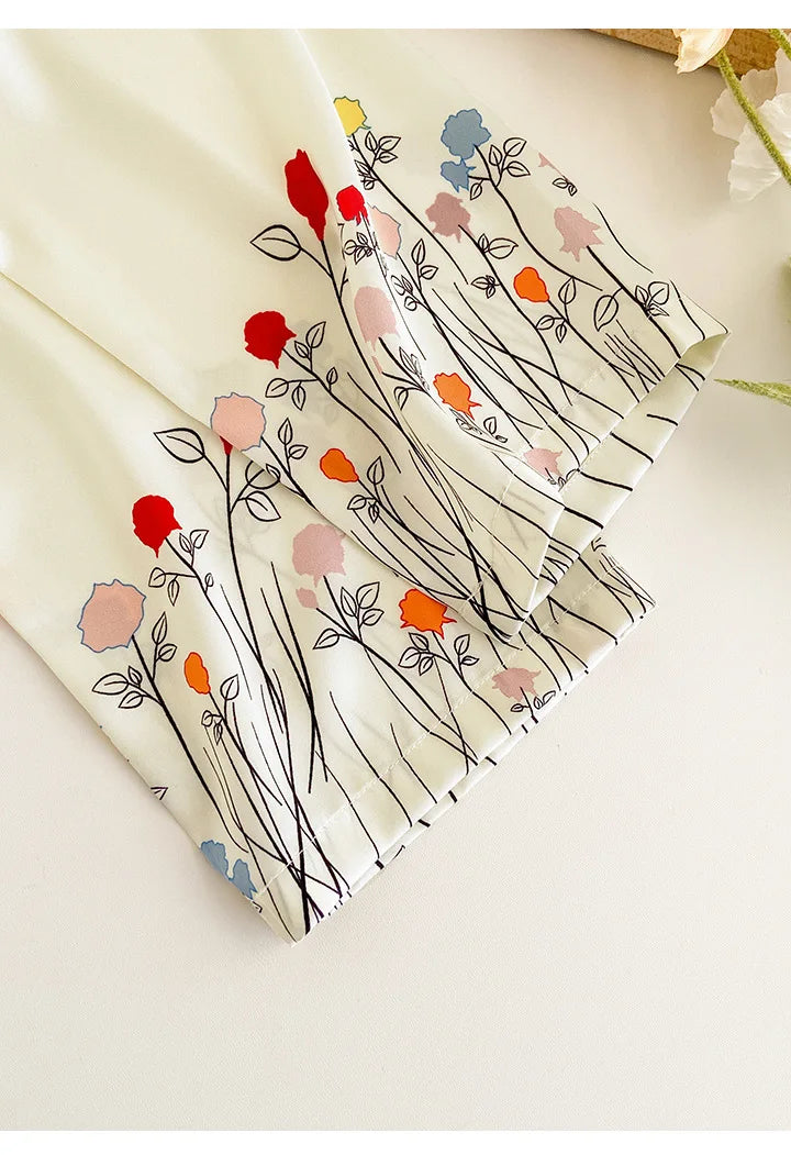 Female 2PCS Pajamas Set Spring Summer Print Flower Sleepwear Long Sleeve Trouser Suits Sweet Loose Satin Home Clothes Loungewear