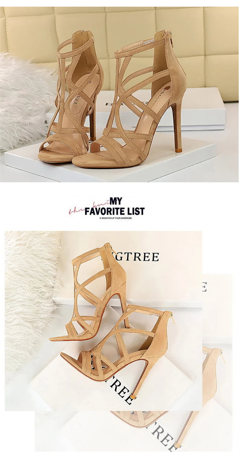 Women Roman style Thin High Heels Pumps Pointed Toe Suede Hollow Strap Party Shoes Solid Solid Ankle Zip Summer Sandals