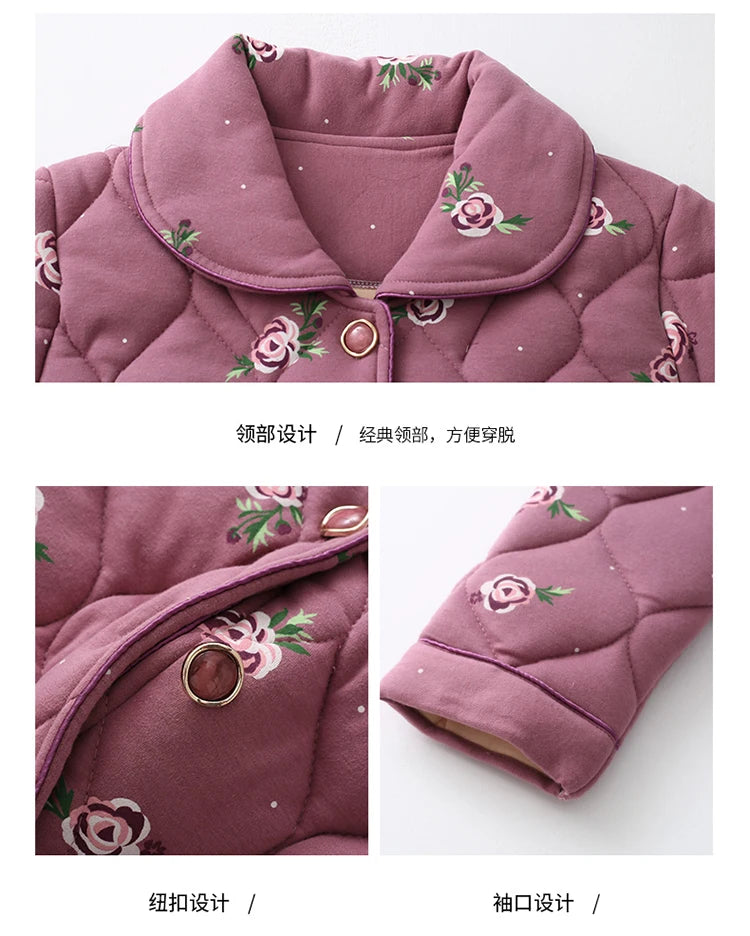 Winter three layer thick keep warm quilted jacket women's pajamas floral pijamas inverno M-XXXL sleepwear