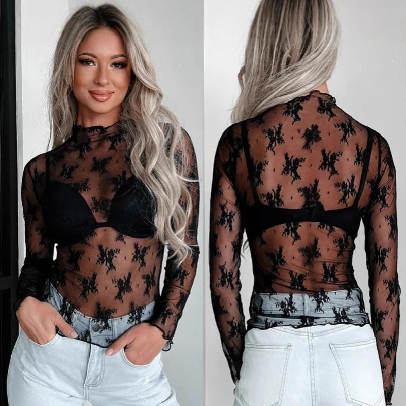 Sexy Floral Lace and Mesh Ruffle Nightgown Woman Sleep Tops Nightie Turtleneck Mesh Layering Top Y2k Floral Tee Shirts Blouse