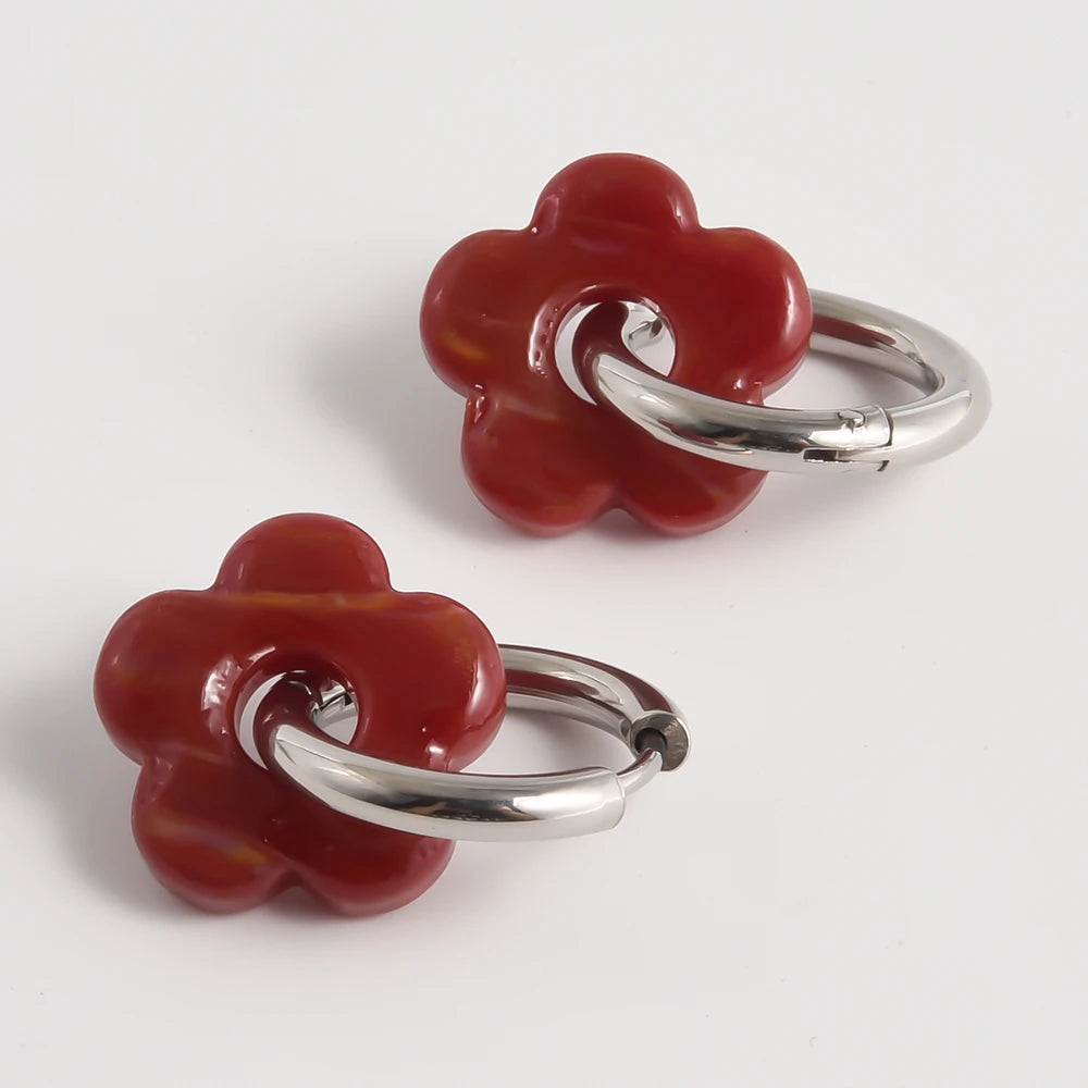 Colorful Flower Glass Drop Charms Earring Gold Color Circle Ear Buckle Hoops Stainless Steel Earrings Fashion Jewelry for Women