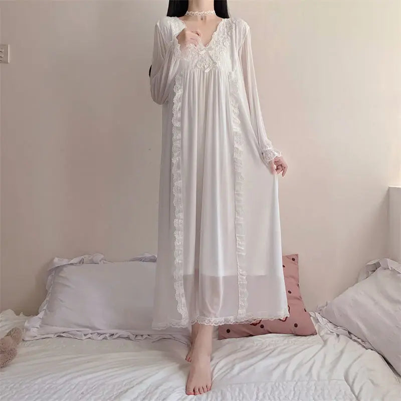 Women's Nightgown Mesh Lace V-neck Long Sleeved Pajamas